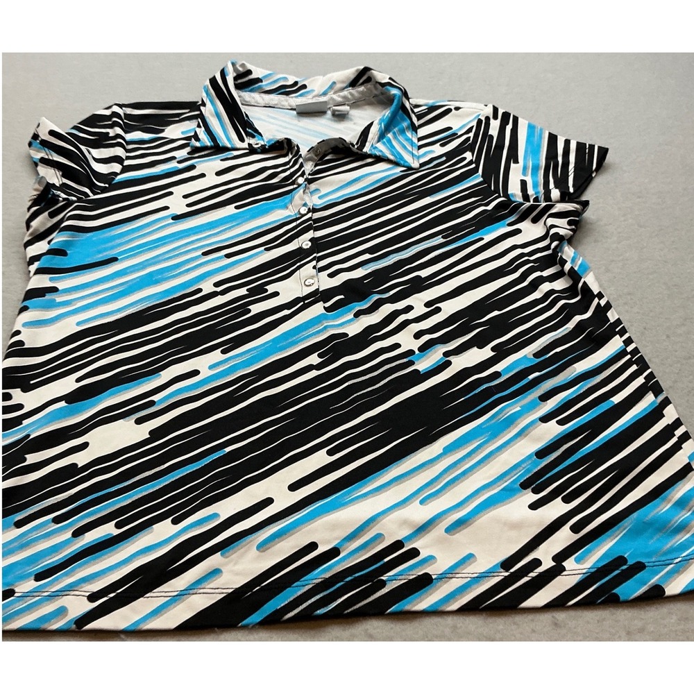 Chico's Abstract Print Polo‎ Golf Shirt Blue Black Short Sleeve Size M Athletic